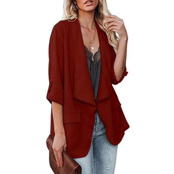 Womens Casual Blazer Jackets Roll Up Long Sleeve Open Front Work Office Business Blazers with Pocket