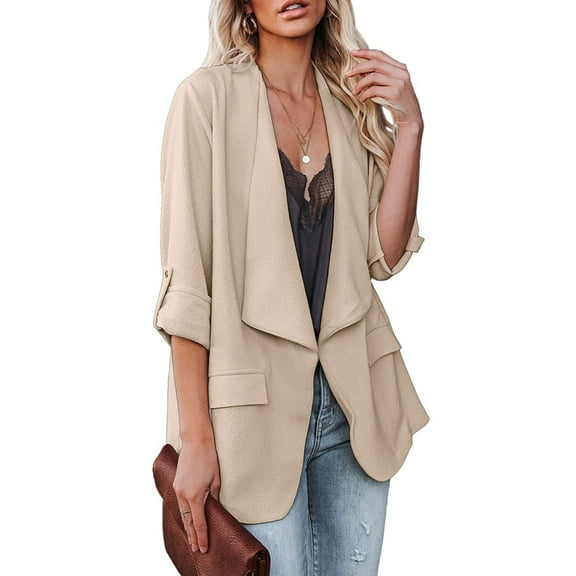 Womens Casual Blazer Jackets Roll Up Long Sleeve Open Front Work Office Business Blazers with Pocket