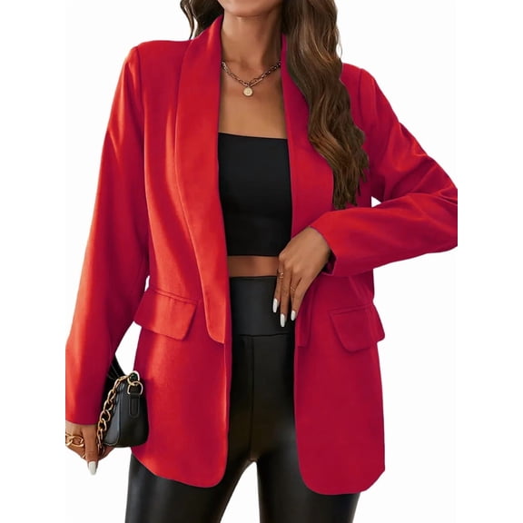 Womens Casual Blazer Long Sleeve Open Front Shawl Collar Slim Jacket Fashion Spring Fall Blazer Jacket Work Office Red M