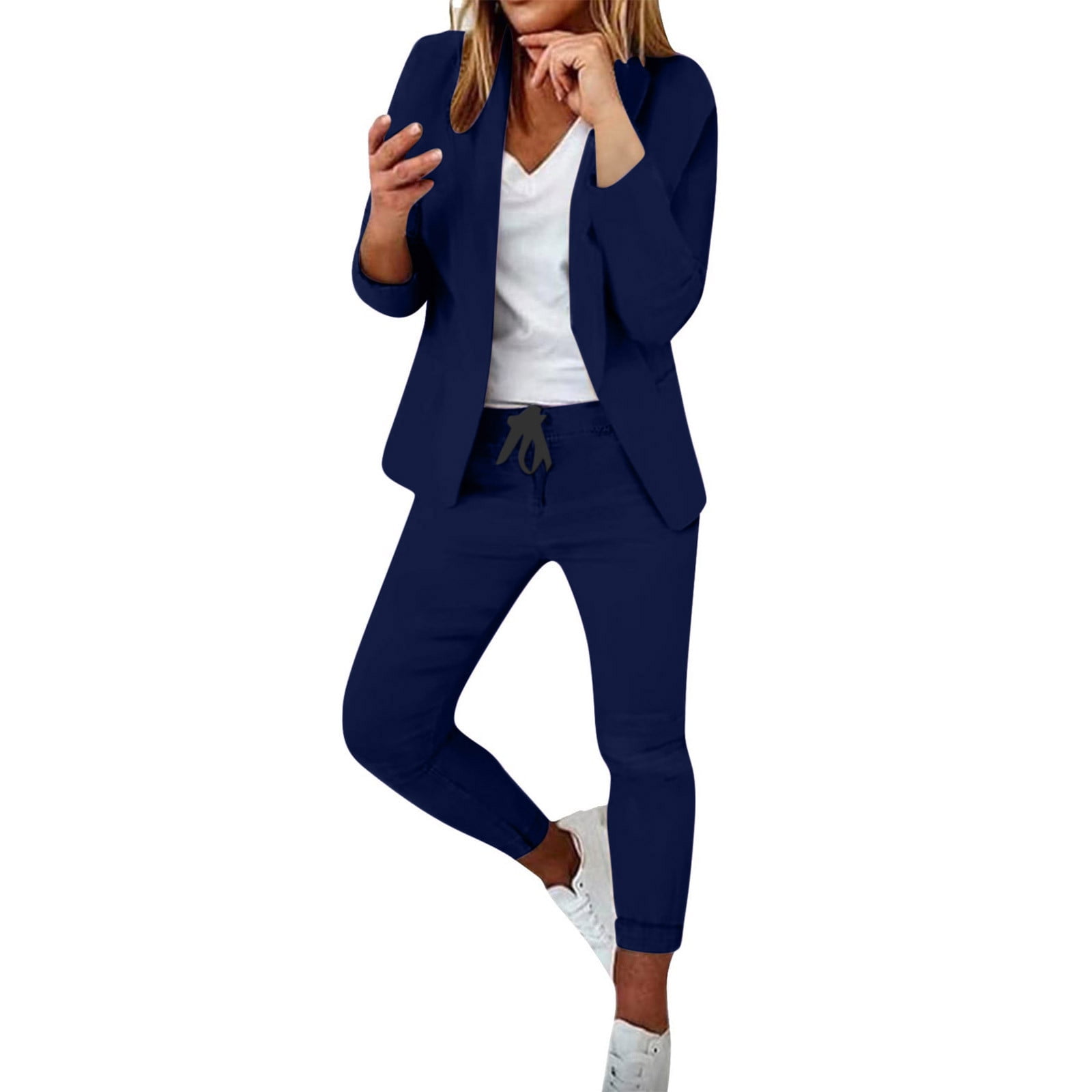 Womens Casual Blazer Pants Sets 2 Piece Long Sleeve Suit Jacket and Drawstring Jogger Sweatpant Work Sports Outfits Medium Navy Walmart
