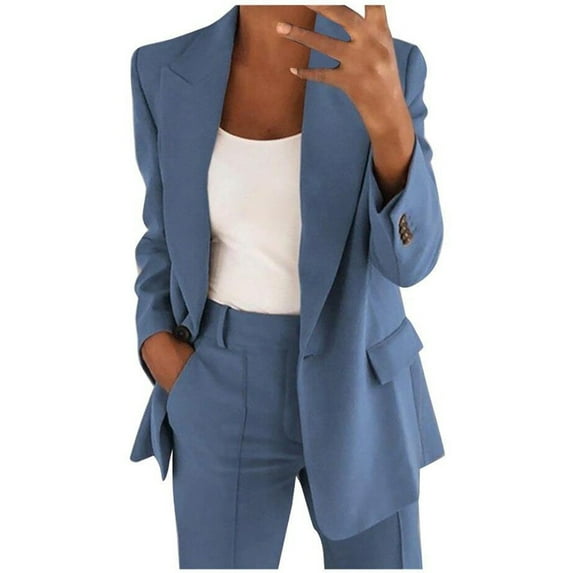 Womens Casual Blazers 2023 Pejock Open Front Long Sleeve Work Office Jackets Blazer Solid Long Sleeve Lapel Button Cardigans Blazers Blue L (US Size:8)