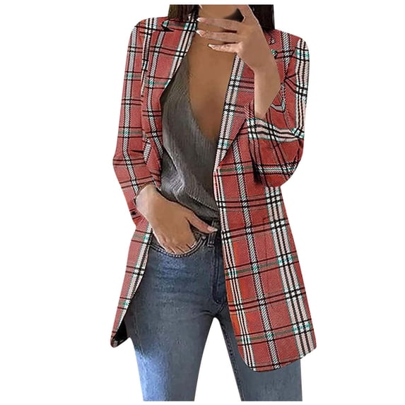 Womens Casual Blazers 2023 Pejock Open Front Long Sleeve Work Office Jackets Blazer Solid Long Sleeve Lapel Button Cardigans Blazers Red Plaid L (US Size:8)