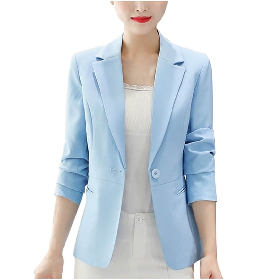 Womens Casual Blazers Open Front Button Down Business Office Work Solid Suit Jacket Notched Lapel 3/4 Sleeve Blazer