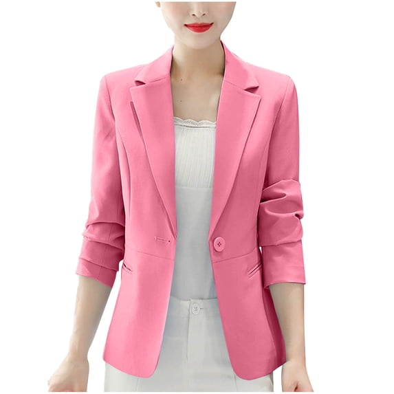 Womens Casual Blazers Open Front Button Down Business Office Work Solid Suit Jacket Notched Lapel 3/4 Sleeve Blazer