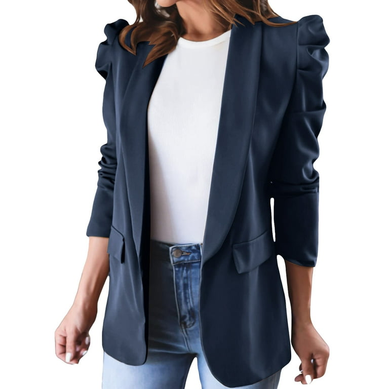 FULBHPRINT Elegant Women Spring Casual Blue Blazer Metal Buttons Long  Sleeve Lightweight Work Office Jackets at  Women's Clothing store