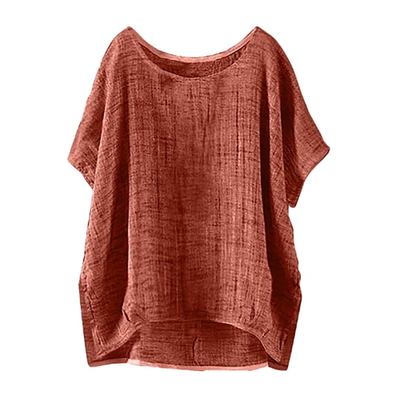 Womens Casual Blouse Loose Fit Crew Neck Short Sleeve Soft Versatile Top Brick Red L