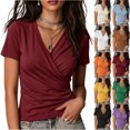 thumbnail image 1 of Womens Casual Blouse T Shirt Short Sleeve V Neck Wrap Ruched Slim Fit Solid Color Top L, 1 of 4
