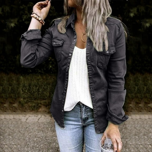 Womens Casual BlouseWomen's Button Perforated Denim Jacket With Pocket Coat Windbreaker Womens Lightweight Jacket for Work Tall Jacket Fuzzy Zip up Jacket Women Longer Womens Jackets plus Size