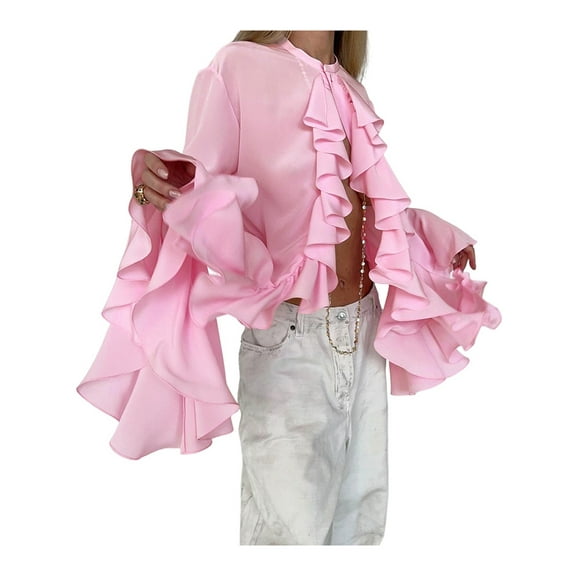 Womens Casual Blouses Flared Sleeve Stand Collar Ruffle Tops Summer Trendy Vacation Shirt Pink XL