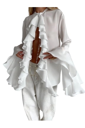 Womens Casual Blouses Flared Sleeve Stand Collar Ruffle Tops Summer Trendy Vacation Shirt White L
