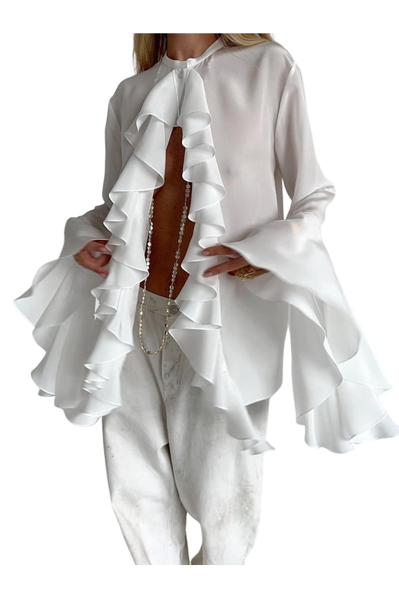 Womens Casual Blouses Flared Sleeve Stand Collar Ruffle Tops Summer Trendy Vacation Shirt White XXL