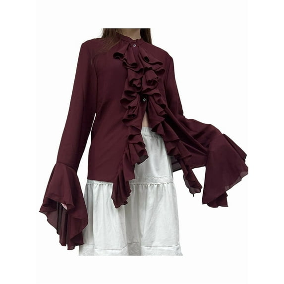 Womens Casual Blouses Flared Sleeve Stand Collar Ruffle Tops Summer Trendy Vacation Shirt Wine Red M