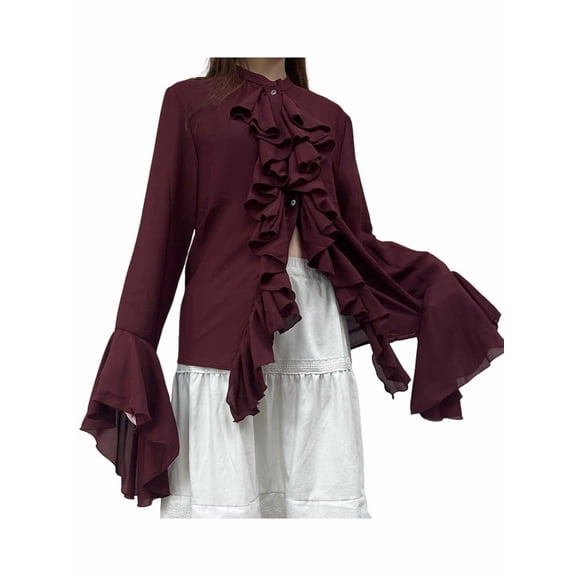 Womens Casual Blouses Flared Sleeve Stand Collar Ruffle Tops Summer Trendy Vacation Shirt Wine Red M