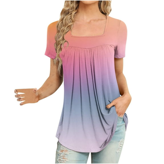 Womens Casual Blouses Square Neck Summer Dressy Short Sleeve Tops T Shirts Loose Fit Pleated Curved Hem Flowy Tops
