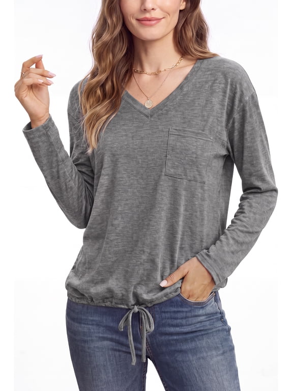 Womens Casual Blouses V Neck Long Sleeve Basic Shirt Elastic Hem Spring Fall Tunic Tops with Pocket
