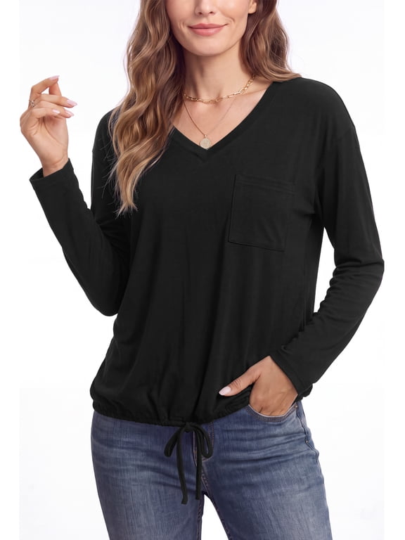 Womens Casual Blouses V Neck Long Sleeve Basic Shirt Elastic Hem Spring Fall Tunic Tops with Pocket