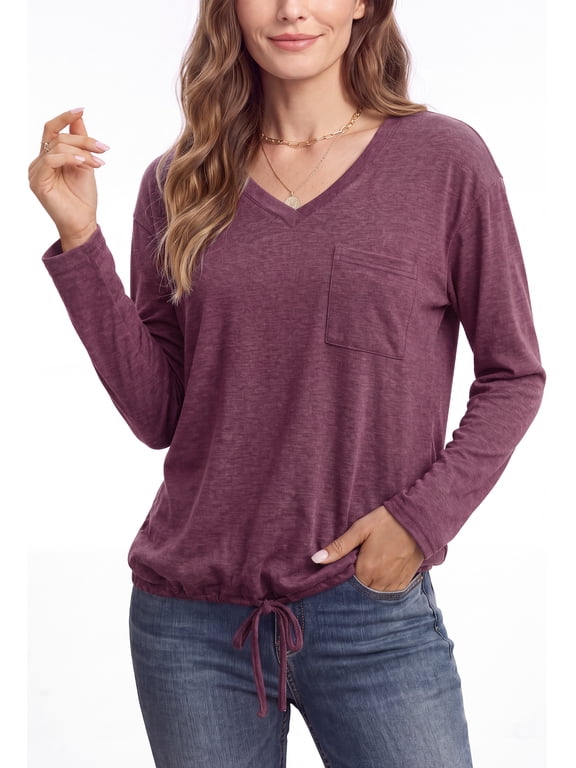 Womens Casual Blouses V Neck Long Sleeve Basic Shirt Elastic Hem Spring Fall Tunic Tops with Pocket