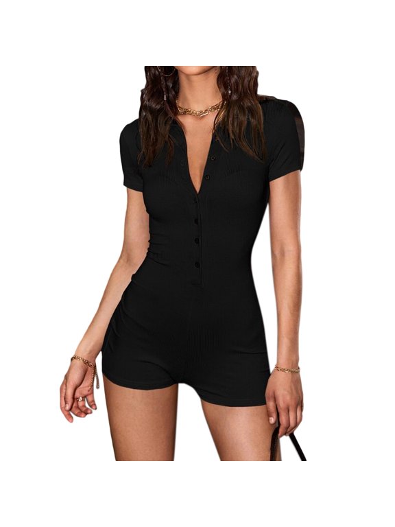 Womens Casual Bodycon Short Sleeve Ribbed Knit Romper Color Lapel Collared Button Down Short Jumpsuits
