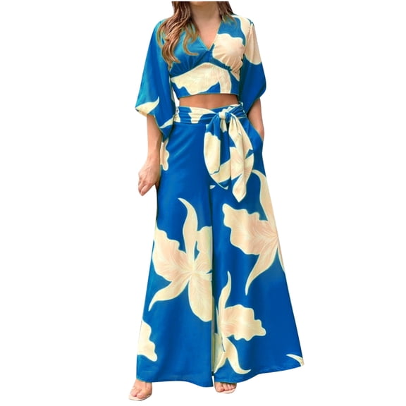 Womens Casual Bohemian Beach Outfits V-Neck Long Sleeve Crop Tops Sets Tie Waist Wide Leg Pnats with Pockets 2 Piece Suits