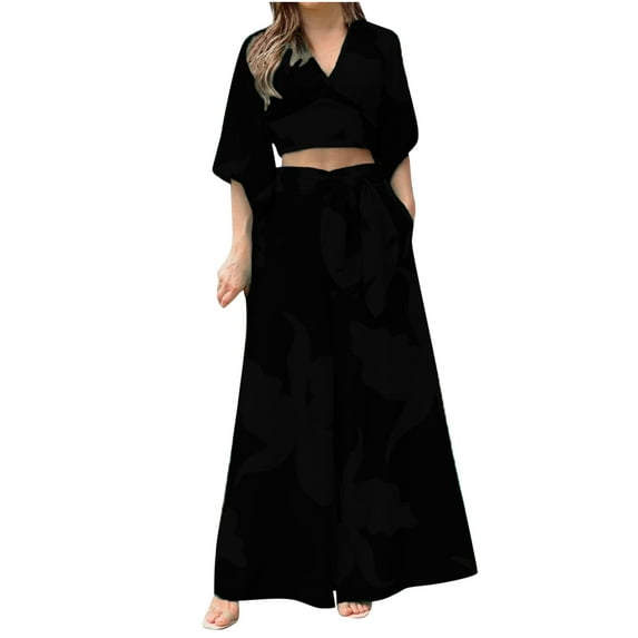 Womens Casual Bohemian Beach Outfits V-Neck Long Sleeve Crop Tops Sets Tie Waist Wide Leg Pnats with Pockets 2 Piece Suits