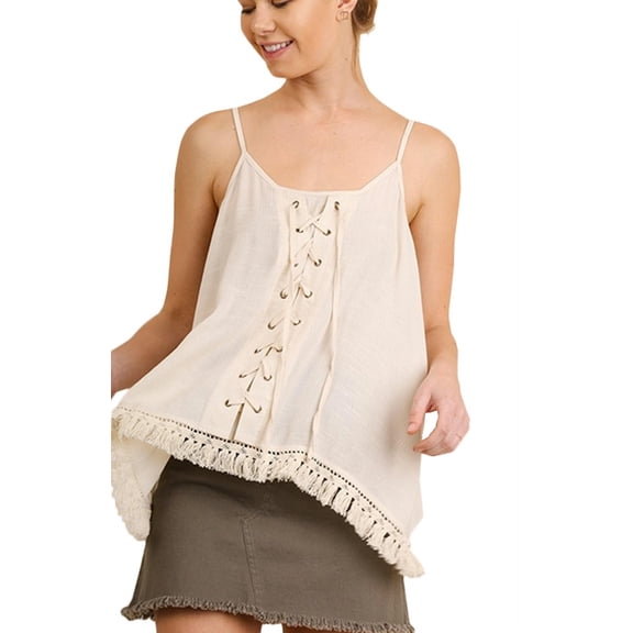 Womens Casual Bohemian Sleeveless Lace-Up Tank Top with Tassel Hem