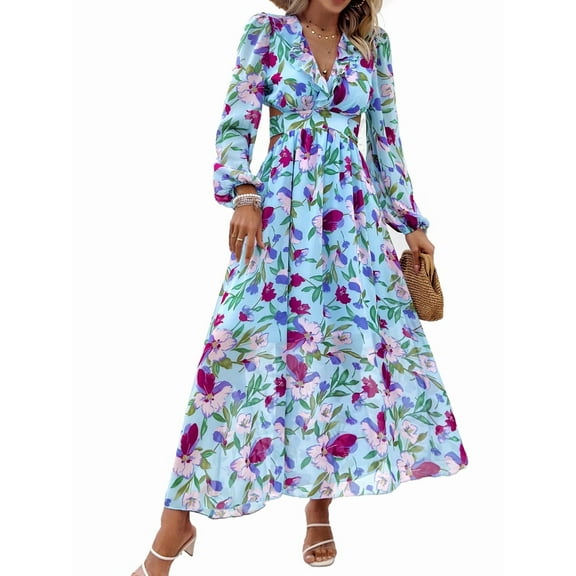 Womens Casual Boho Deep V Neck Long Sleeve Long Dress Blue XL