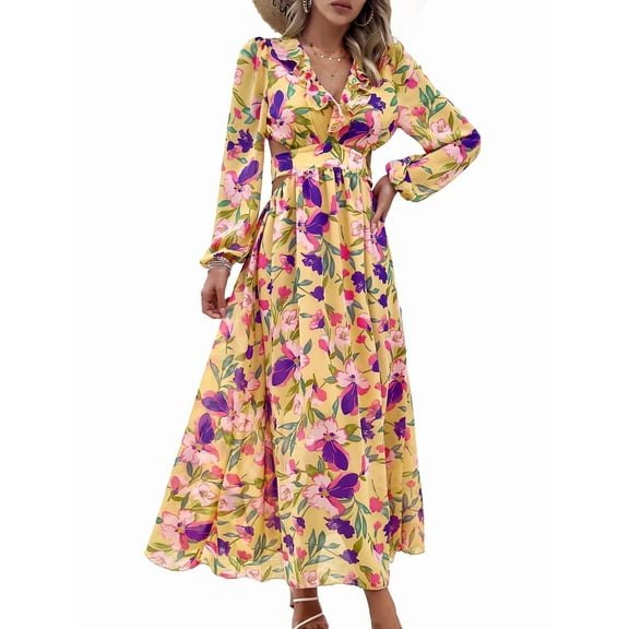 Womens Casual Boho Deep V Neck Long Sleeve Long Dress Yellow L