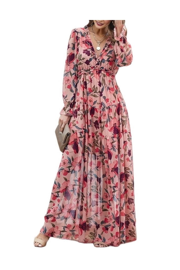 Womens Casual Boho Deep V Neck Long Sleeve Long Dress