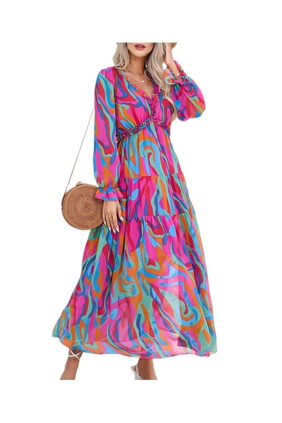 Womens Casual Boho Deep V Neck Long Sleeve Long Dress