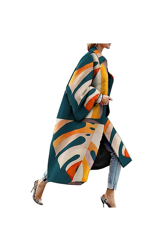 Womens Casual Boho Floral Lapel Open Front Long Trench Coat Oversized Long Sleeve Jacket Outwear Cardigan with Pockets