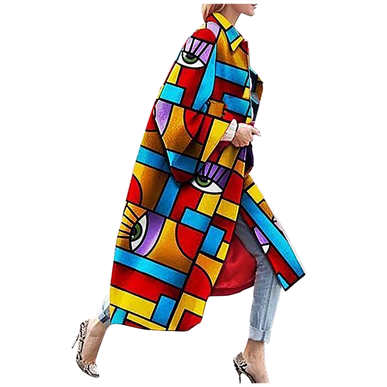 Womens Casual Boho Floral Lapel Open Front Long Trench Coat Oversized Long Sleeve Jacket Outwear Cardigan with Pockets