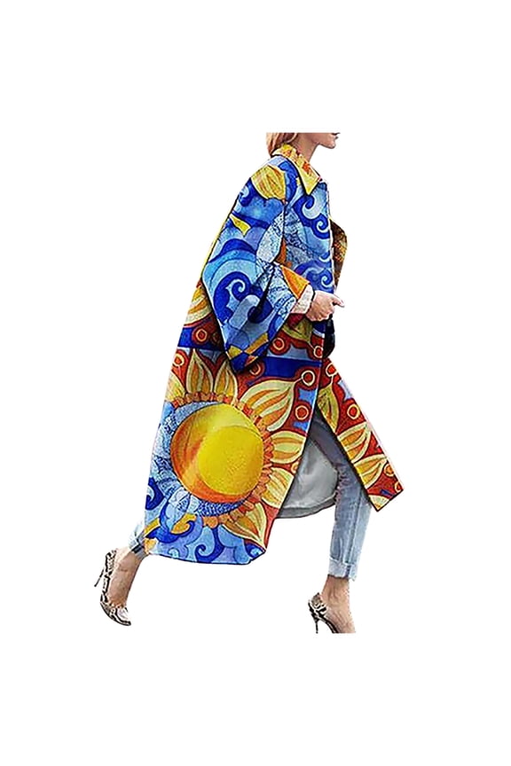 Womens Casual Boho Floral Lapel Open Front Long Trench Coat Oversized Long Sleeve Jacket Outwear Cardigan with Pockets