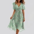 thumbnail image 1 of Womens Casual Boho Floral Printed V Neck Tie Waist Short Sleeve Chiffon Long Evening Dress Ruched Cocktail Party Maxi Wedding Dress Mint Green M, 1 of 7