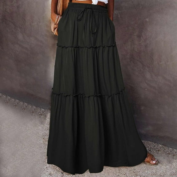 Womens Casual Boho High Waisted Flowy Maxi Skirts Trendy Cute Tiered Vacation A-Line Skirt with Pockets Black S