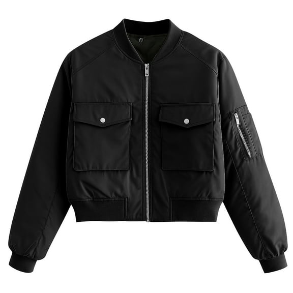Womens Casual Bomber Jacket Lightweight Zip-Up Jacket Windbreaker with Utility Pockets Stylish Streetrwear for Spring Fall Black M
