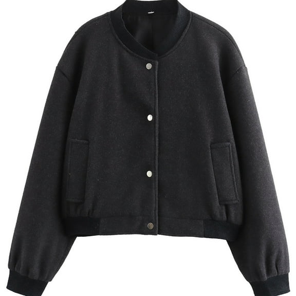 Womens Casual Bomber Jacket Snap Button Closure Long Sleeve Solid Color Outerwear with Pockets Jackets for Women Trendy Black M
