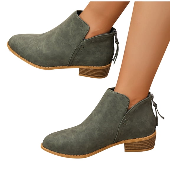 Womens Casual Boots Women's Fashion Spring Fall Short Boots Solid Color Pointed Toe Back Zipper Thick Heel Low Heel Ankle Boots Casual Short Boots Comfortable Ankle Booties Trendy
