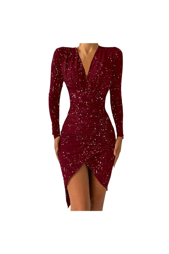 Womens Casual Buttocks V-Neck Solid Long Leeve Mini Dress Summer Boho Floral Sundresses Wedding Guest Graduation Prom Bodycon Cocktail Dresses A516-3499