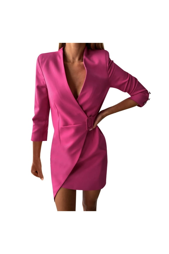 Womens Casual Buttocks V-Neck Solid Long Leeve Mini Dress Summer Boho Floral Sundresses Wedding Guest Graduation Prom Bodycon Cocktail Dresses A516-3448