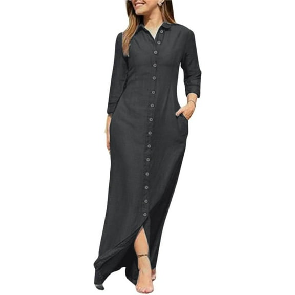 Womens Casual Button Down Denim Maxi Dress Lapel Long Sleeve Long Jean Dresses with Pockets