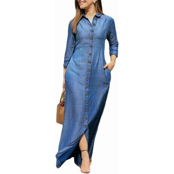 Womens Casual Button Down Denim Maxi Dress Lapel Long Sleeve Long Jean Dresses with Pockets