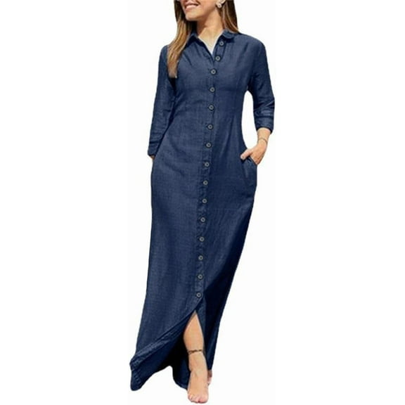 Womens Casual Button Down Denim Maxi Dress Lapel Long Sleeve Long Jean Dresses with Pockets