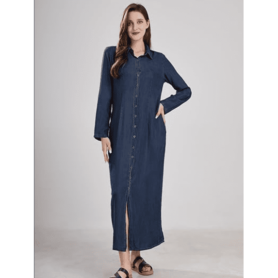 Womens Casual Button Down Denim Maxi Dress Lapel Long Sleeve Long Jean Dresses with Pockets