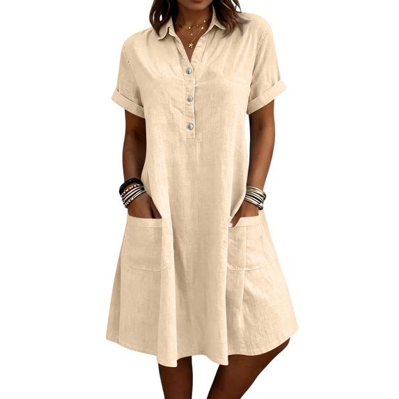 Womens Casual Button Down Dress, Loose Flowy Short Sleeve Tunic Dress, Elegant Work Office Vacation Dress with Pockets, S-2XL