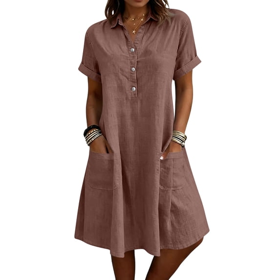 Womens Casual Button Down Dress, Loose Flowy Short Sleeve Tunic Dress, Elegant Work Office Vacation Dress with Pockets, S-2XL