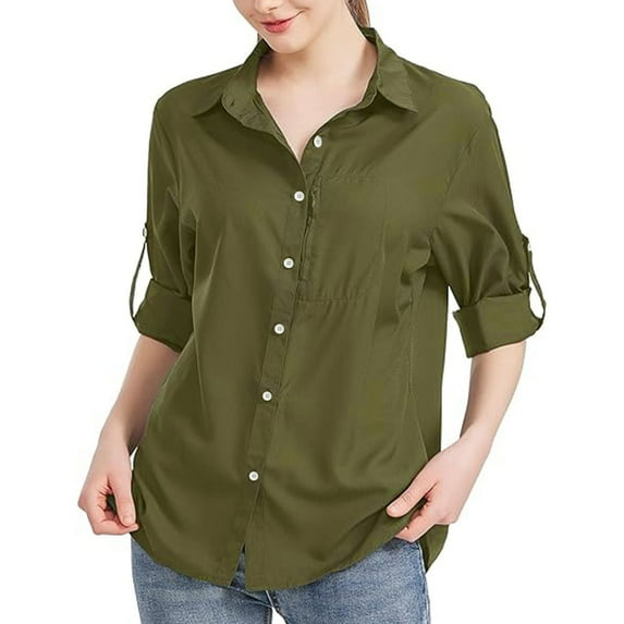 Womens Casual Button Down Long Sleeve Blouses Cotton Collar Tops Work Drop Shoulder Shirt Solid Color Loose Clothes (Army Green L)