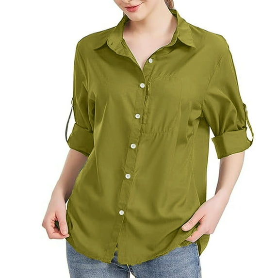 Womens Casual Button Down Long Sleeve Blouses Cotton Collar Tops Work Drop Shoulder Shirt Solid Color Loose Clothes (Green 3XL)