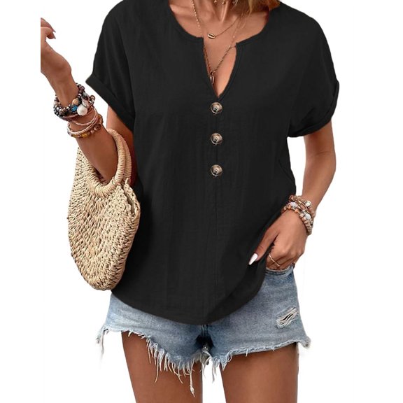 Womens Casual Button Down Notched V Neck Blouses Tops Loose Short Sleeve Solid Fall Shirts for Women Black XXL