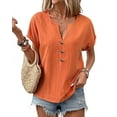 thumbnail image 1 of Womens Casual Button Down Notched V Neck Blouses Tops Loose Short Sleeve Solid Fall Shirts for Women Orange Color S, 1 of 3