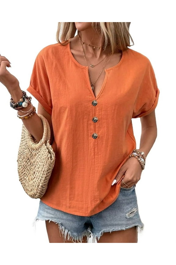 Womens Casual Button Down Notched V Neck Blouses Tops Loose Short Sleeve Solid Fall Shirts for Women Orange Color S